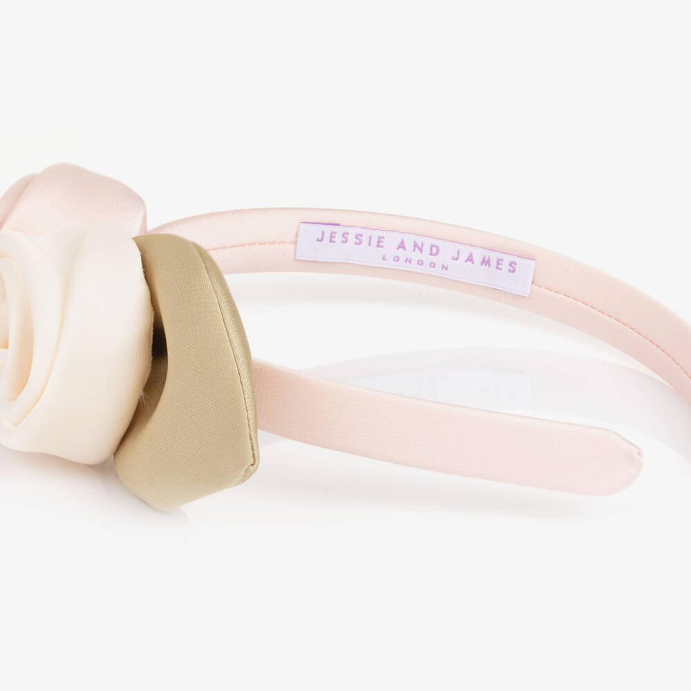 Jessie and James London-Girls Pink Satin Hairband with Ivory & Pink Flowers | Childrensalon