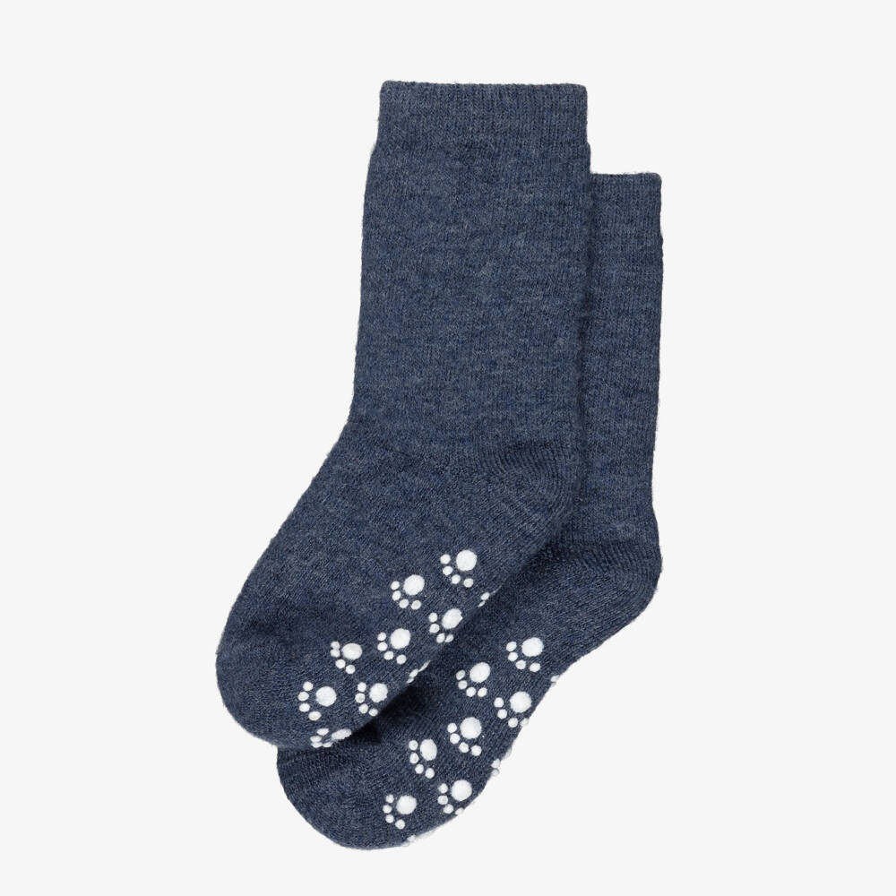 Joha-Navy Blue Wool Socks with Paw Print Anti-Slip Grips | Childrensalon