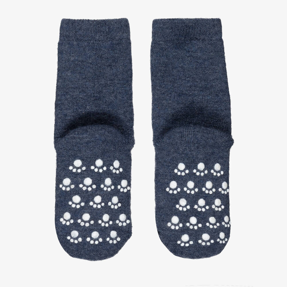 Joha-Navy Blue Wool Socks with Paw Print Anti-Slip Grips | Childrensalon