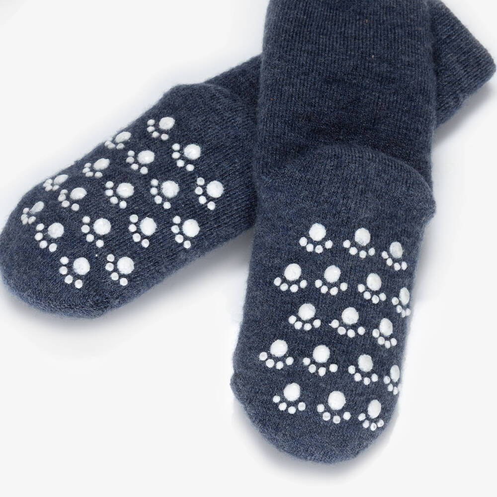 Joha-Navy Blue Wool Socks with Paw Print Anti-Slip Grips | Childrensalon