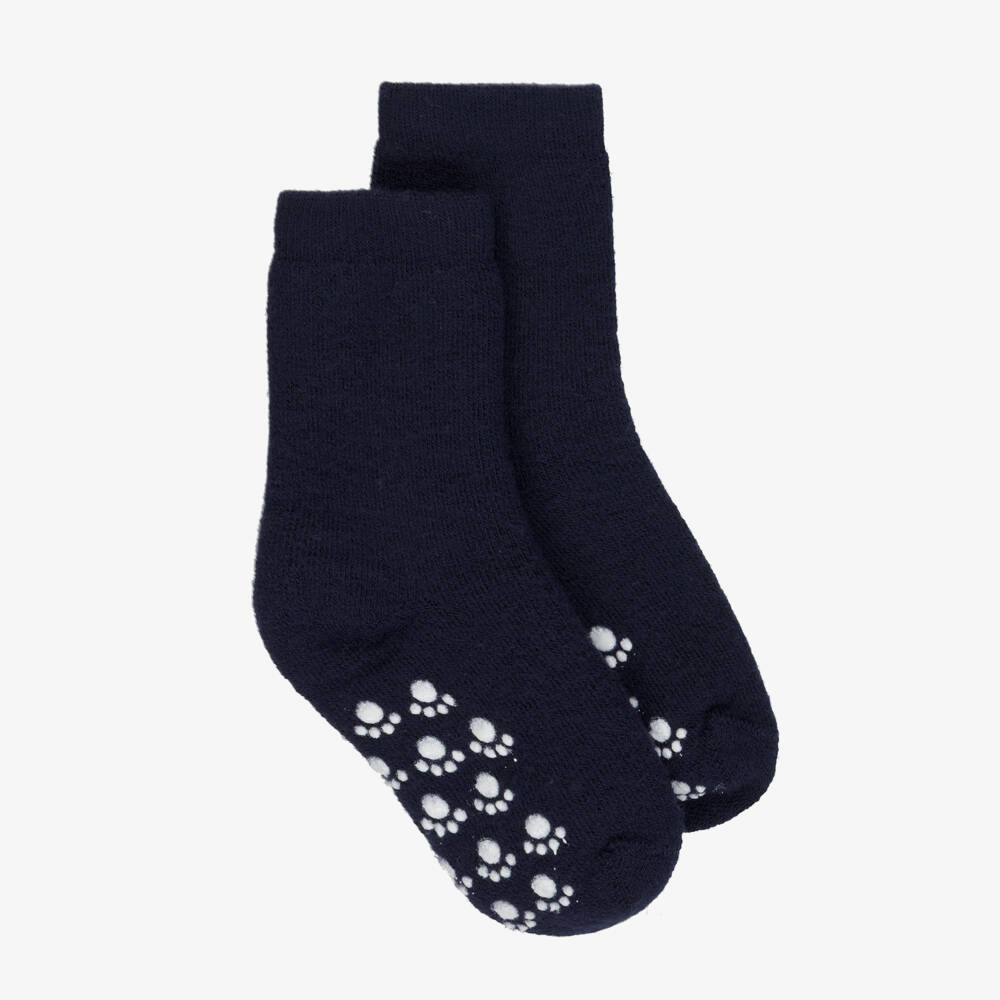 Joha-Navy Blue Wool Socks with Paw Print Anti-Slip Grips | Childrensalon