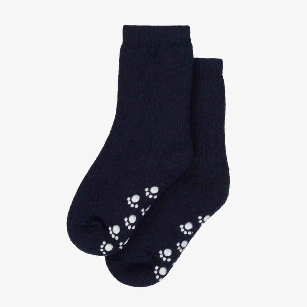 Joha-Navy Blue Wool Socks with Paw Print Anti-Slip Grips | Childrensalon