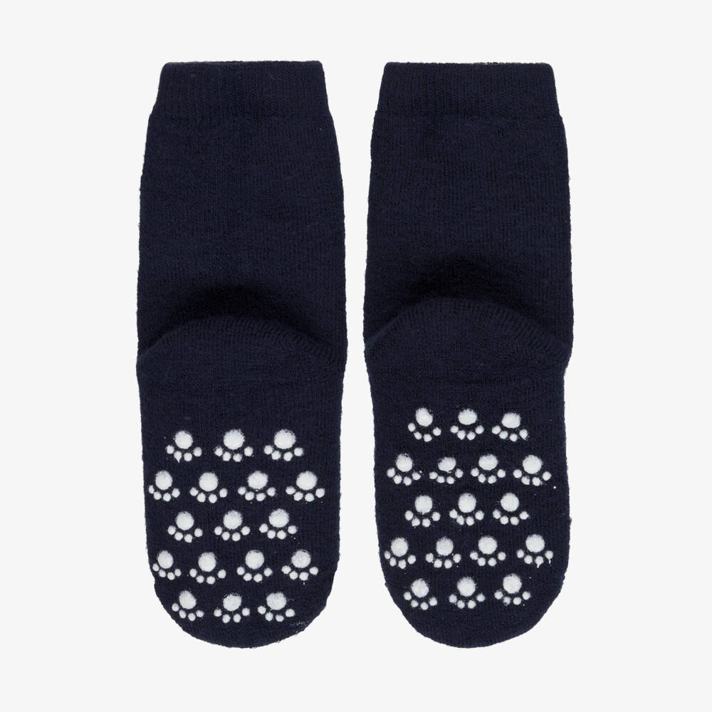 Joha-Navy Blue Wool Socks with Paw Print Anti-Slip Grips | Childrensalon