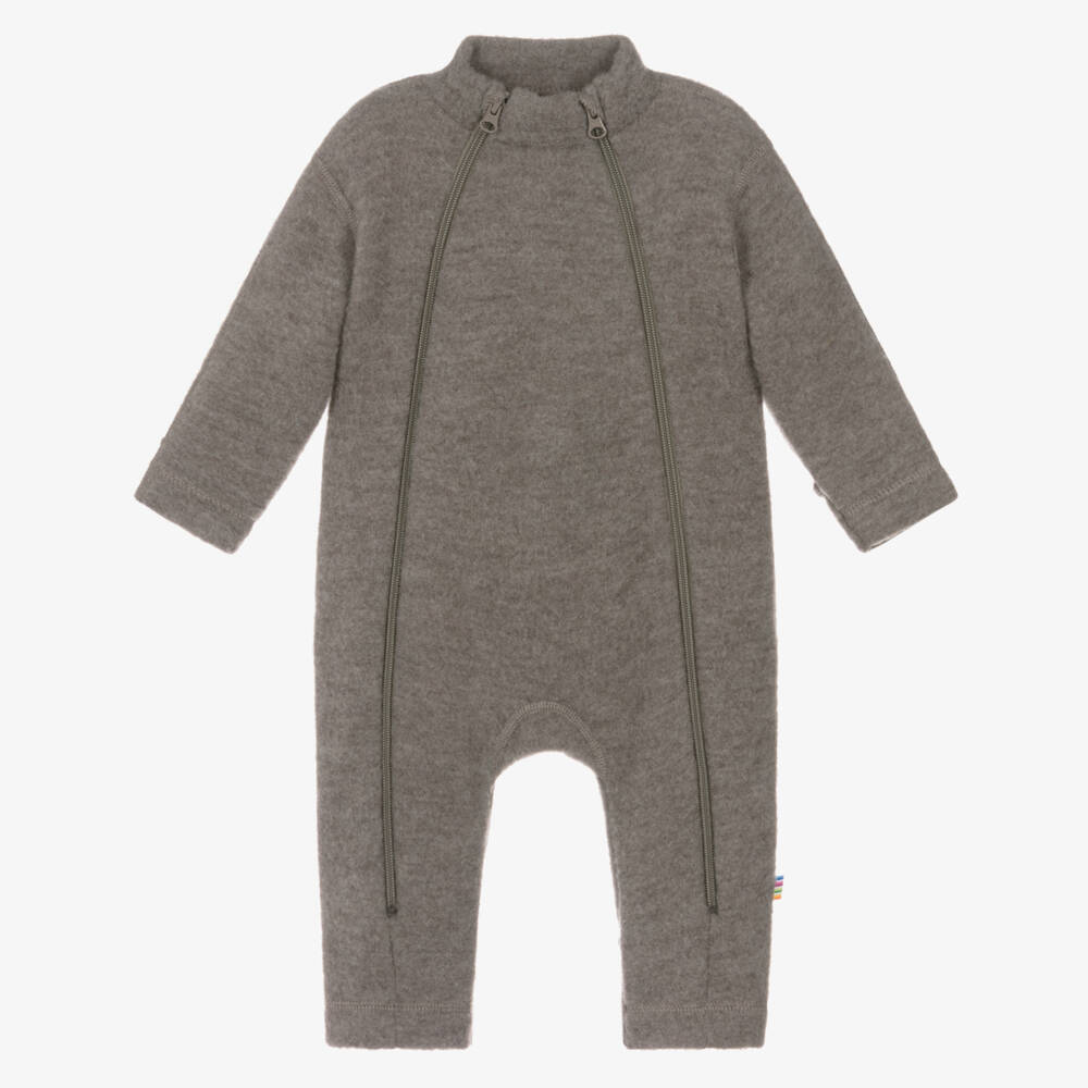 Joha-Pale Brown Merino Wool Fleece Double-Zip Romper | Childrensalon