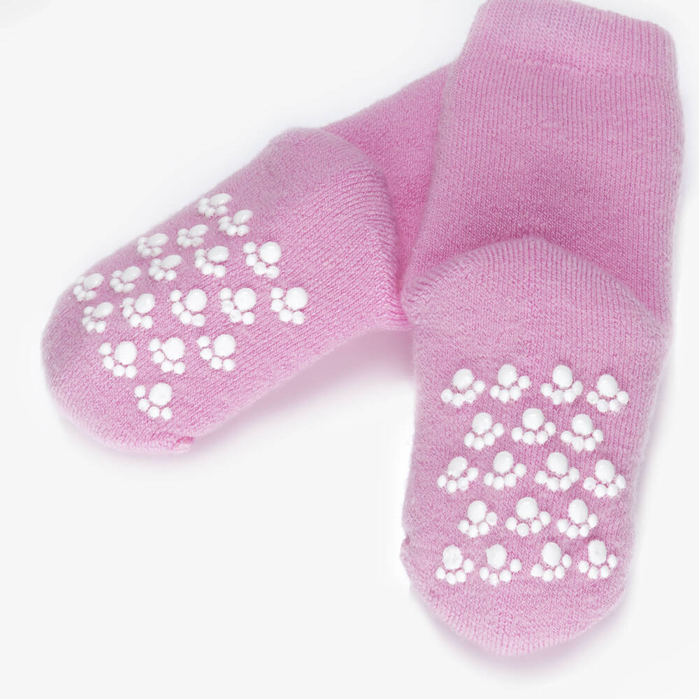Joha-Pink Wool Socks with Paw Print Anti-Slip Grips | Childrensalon