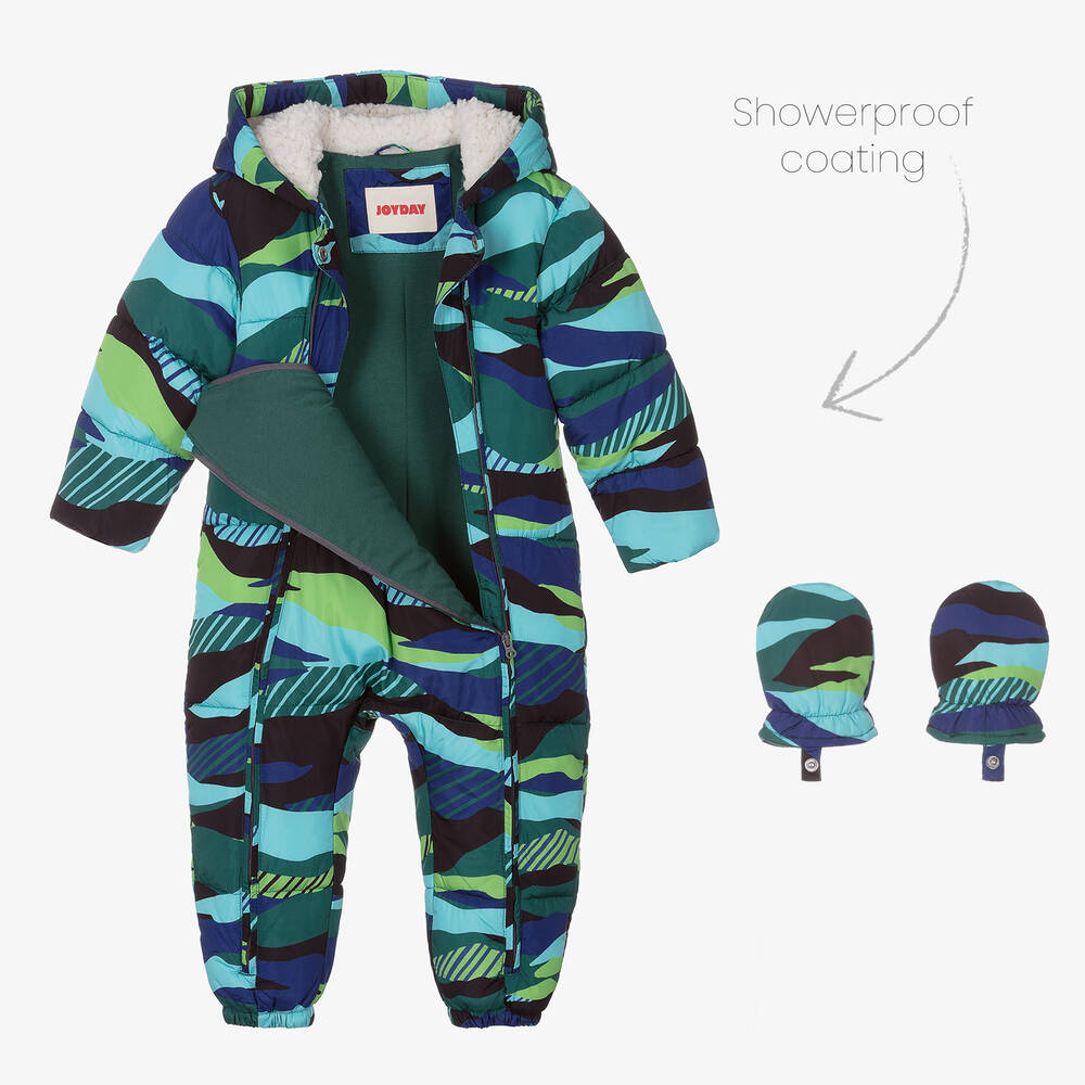 Joyday-Baby Boys Green & Blue Puffer Snowsuit | Childrensalon