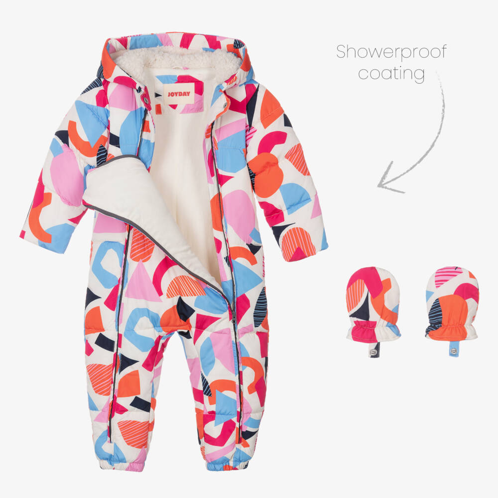 Joyday-Baby Girls Ivory & Pink Puffer Snowsuit | Childrensalon