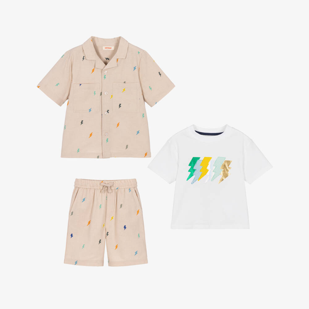 Joyday-Boys Beige Cotton Lightning Bolt Print Shorts Set | Childrensalon