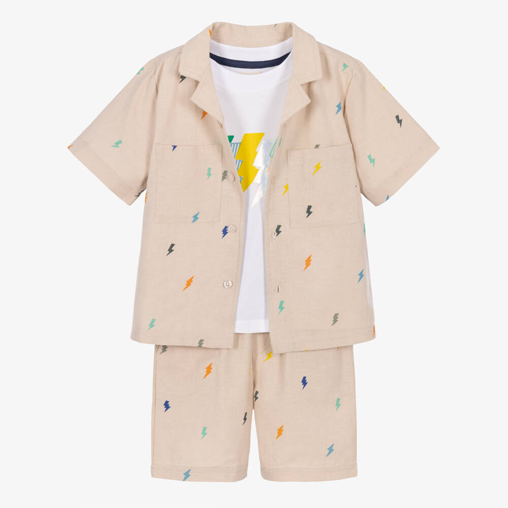 Joyday-Boys Beige Cotton Lightning Bolt Print Shorts Set | Childrensalon