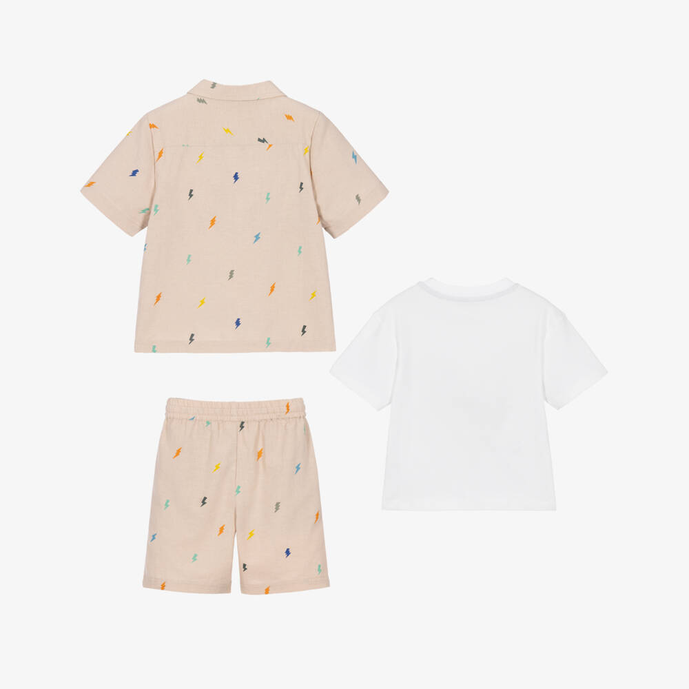 Joyday-Boys Beige Cotton Lightning Bolt Print Shorts Set | Childrensalon