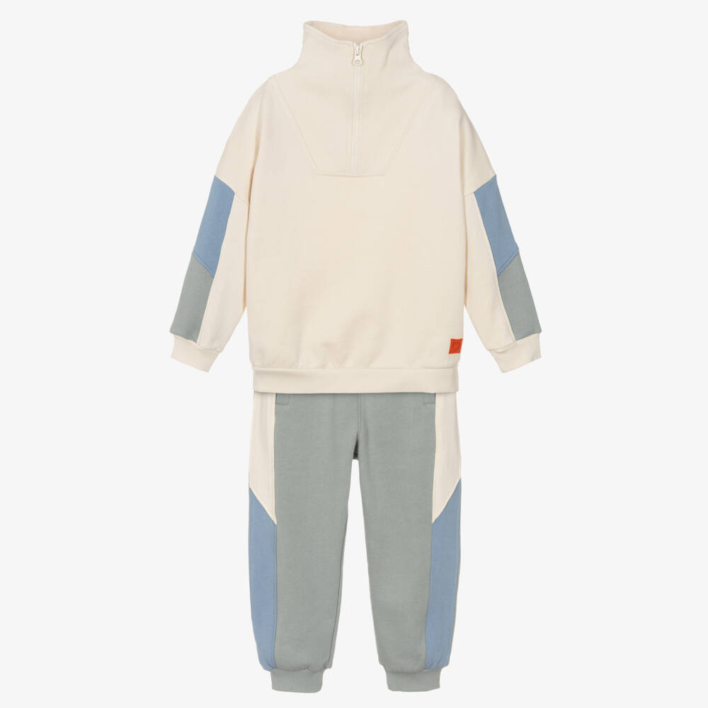 Joyday-Boys Beige & Green Colourblock Cotton Tracksuit | Childrensalon