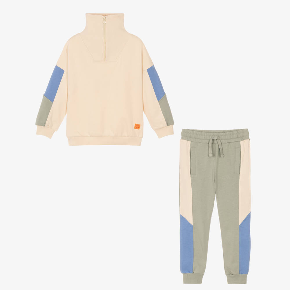 Joyday-Boys Beige Organic Cotton Quarter-Zip Tracksuit | Childrensalon