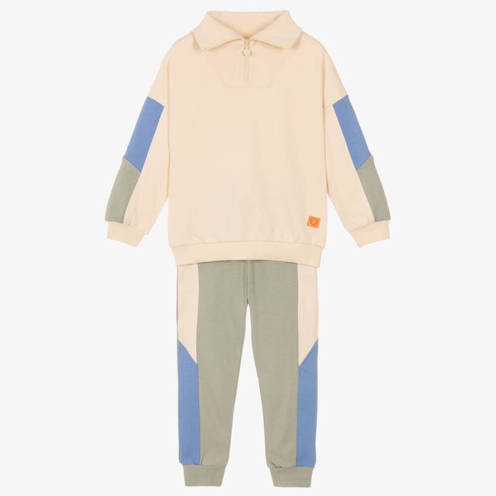Joyday-Boys Beige Organic Cotton Quarter-Zip Tracksuit | Childrensalon