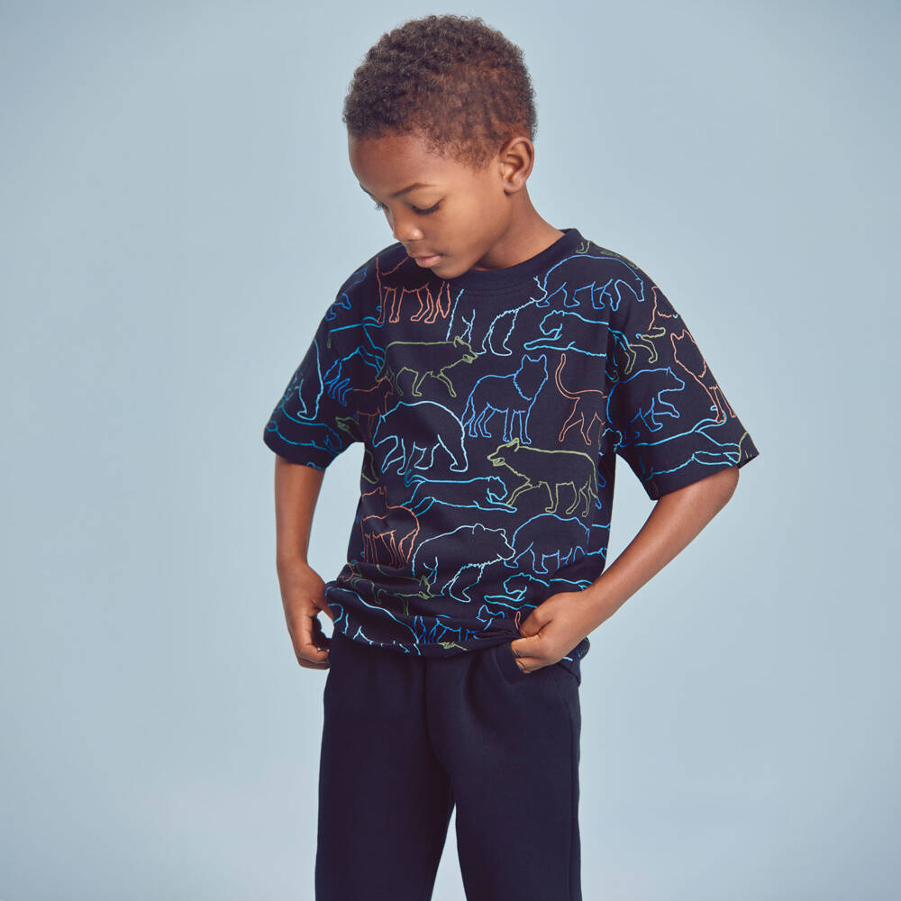 Joyday-Boys Black Cotton Animal Print Top | Childrensalon