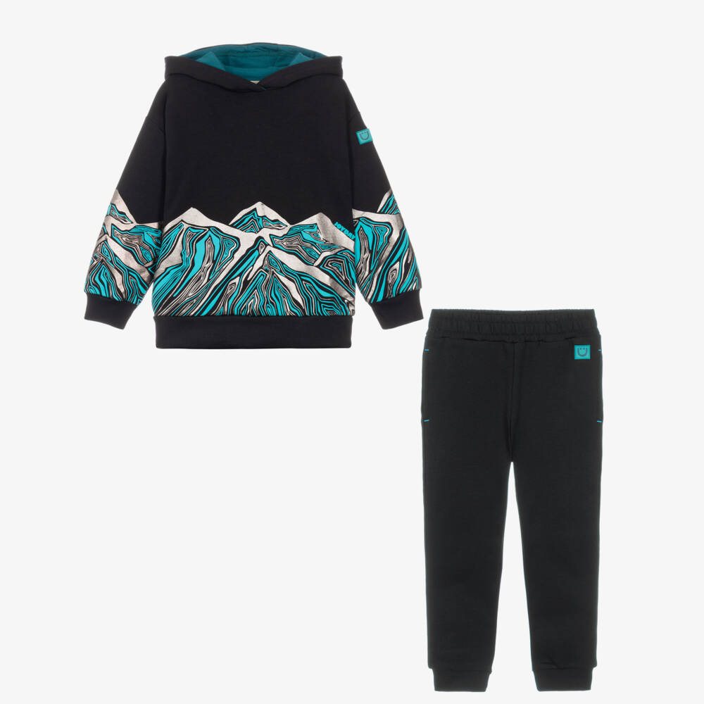 Joyday-Boys Black Organic Cotton Mountain Graphic Tracksuit | Childrensalon