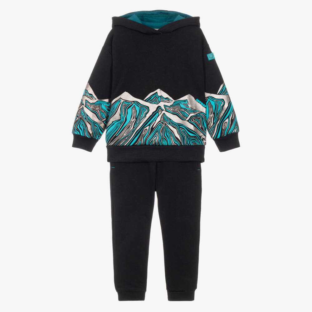 Joyday-Boys Black Organic Cotton Mountain Graphic Tracksuit | Childrensalon
