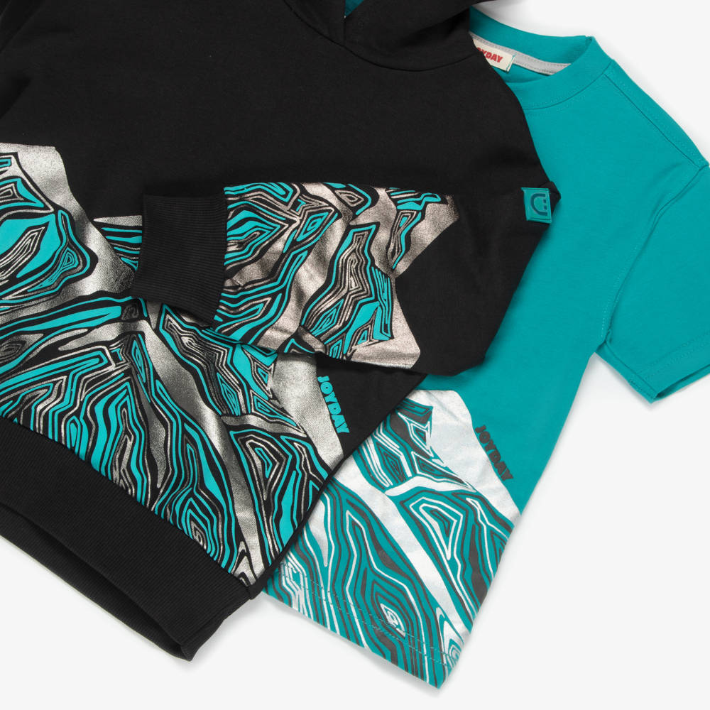 Joyday-Boys Black & Teal Mountain Graphic Tracksuit Set | Childrensalon