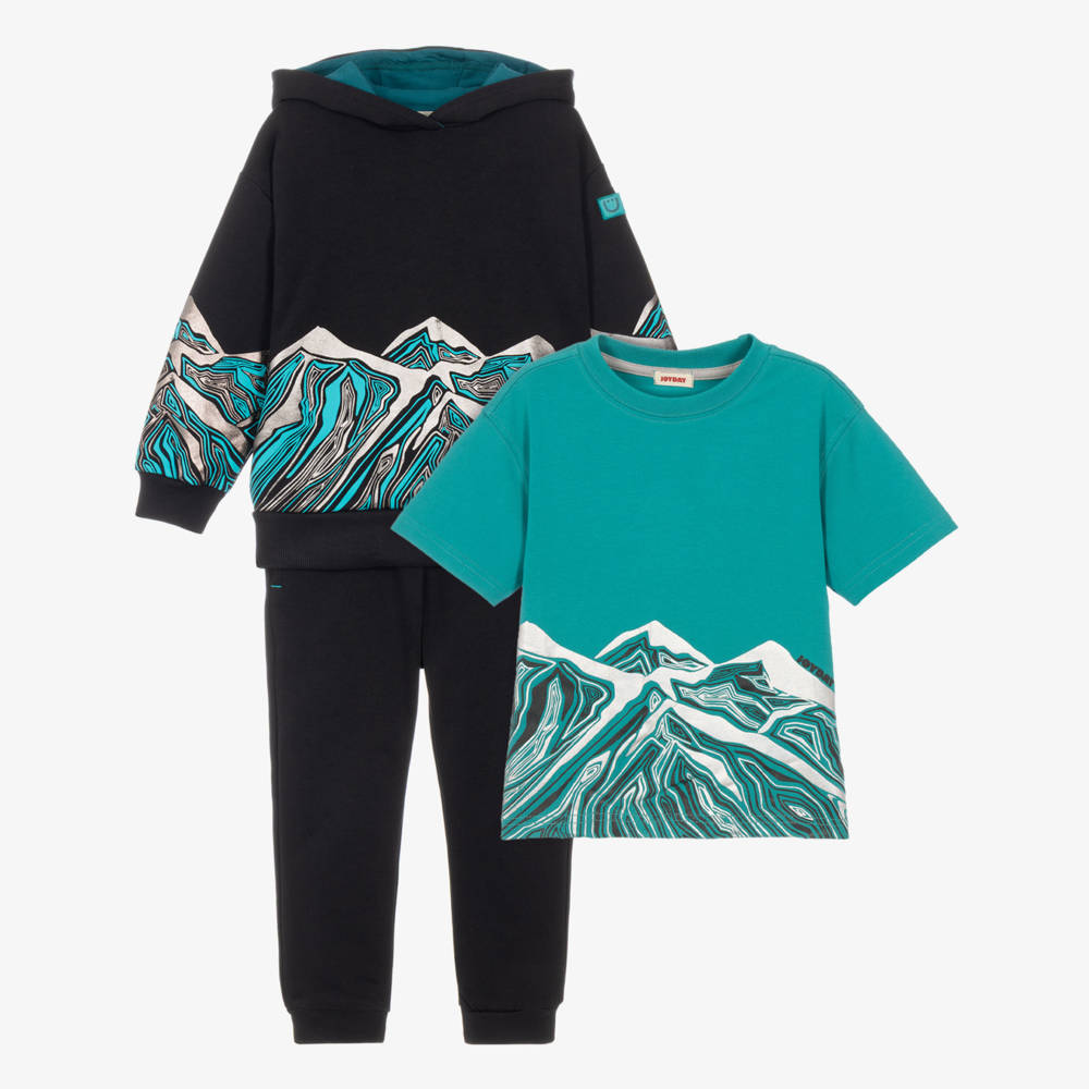 Joyday-Boys Black & Teal Mountain Graphic Tracksuit Set | Childrensalon