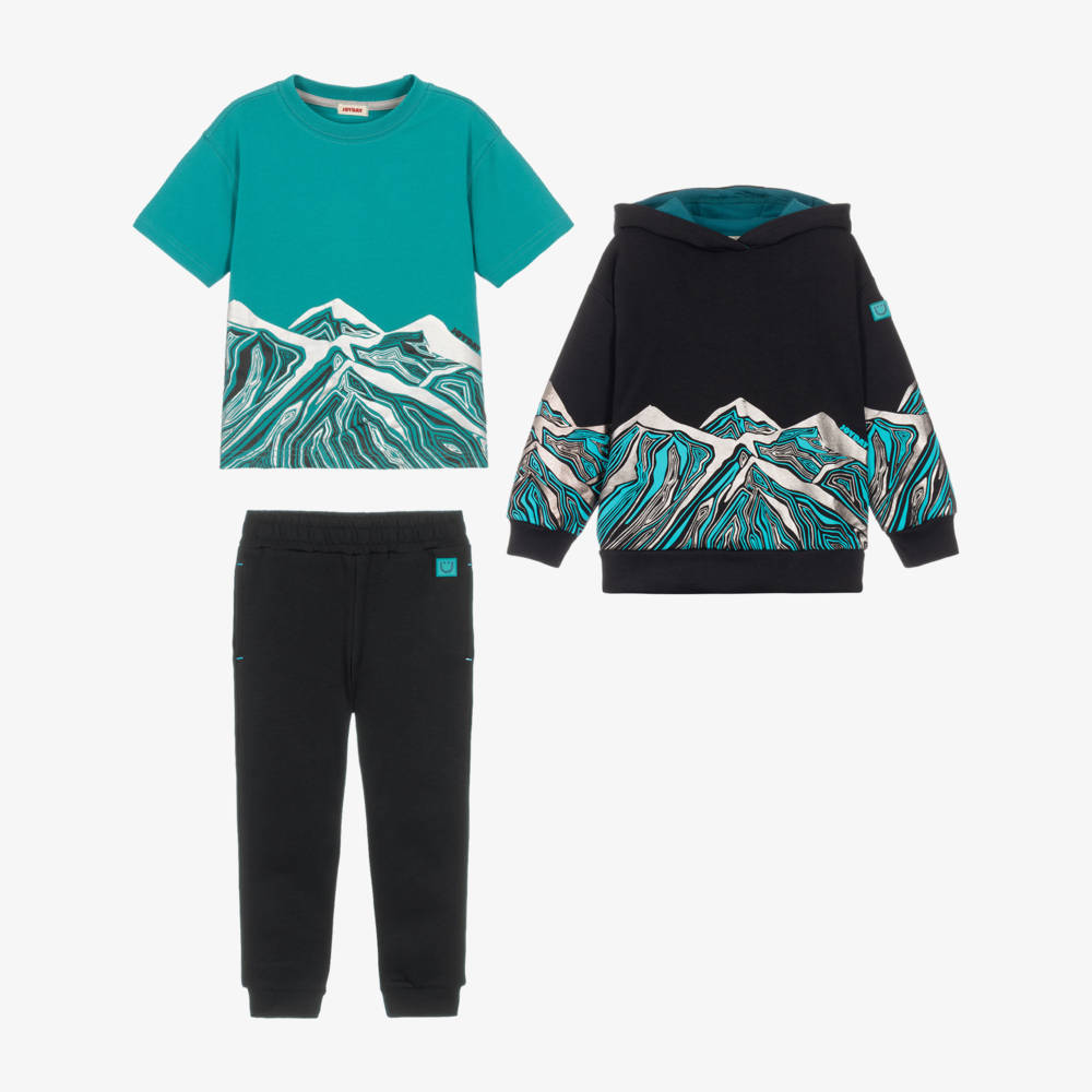 Joyday-Boys Black & Teal Mountain Graphic Tracksuit Set | Childrensalon