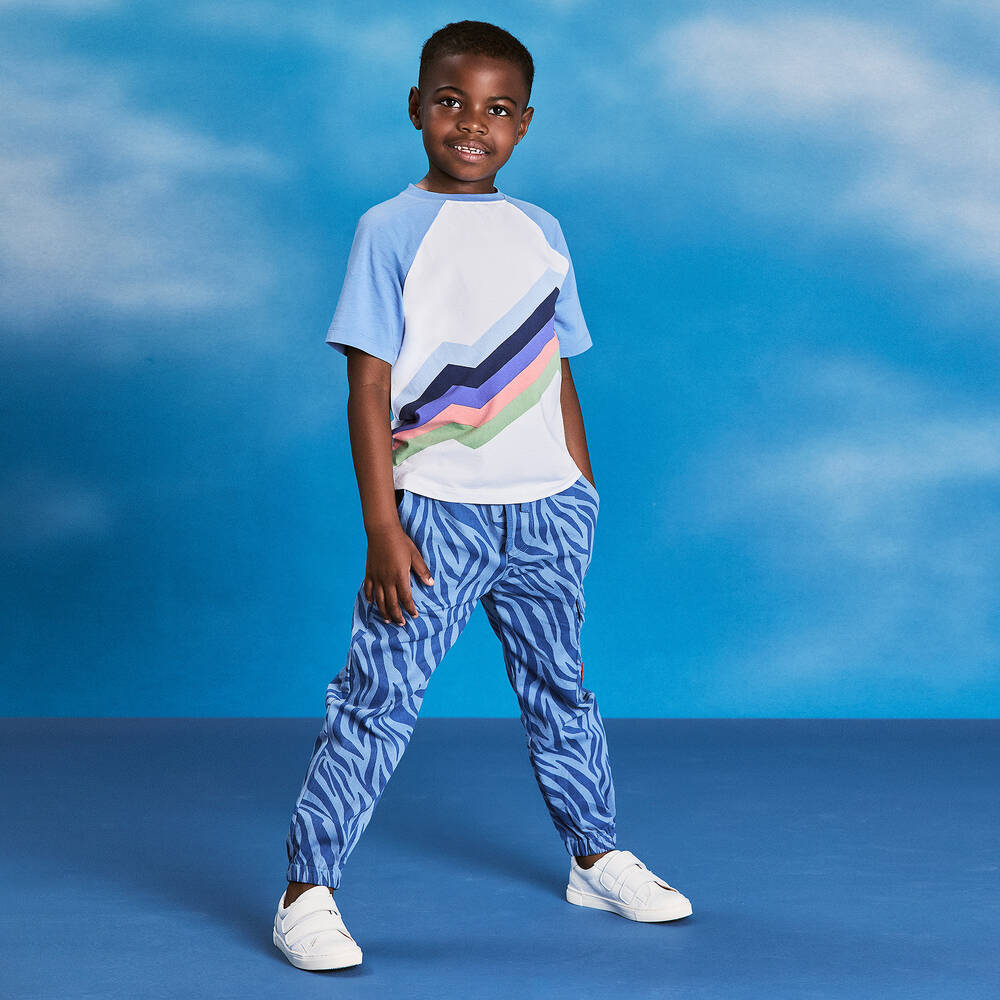 Joyday-Boys Blue Cotton Animal Print Cargo Trousers | Childrensalon
