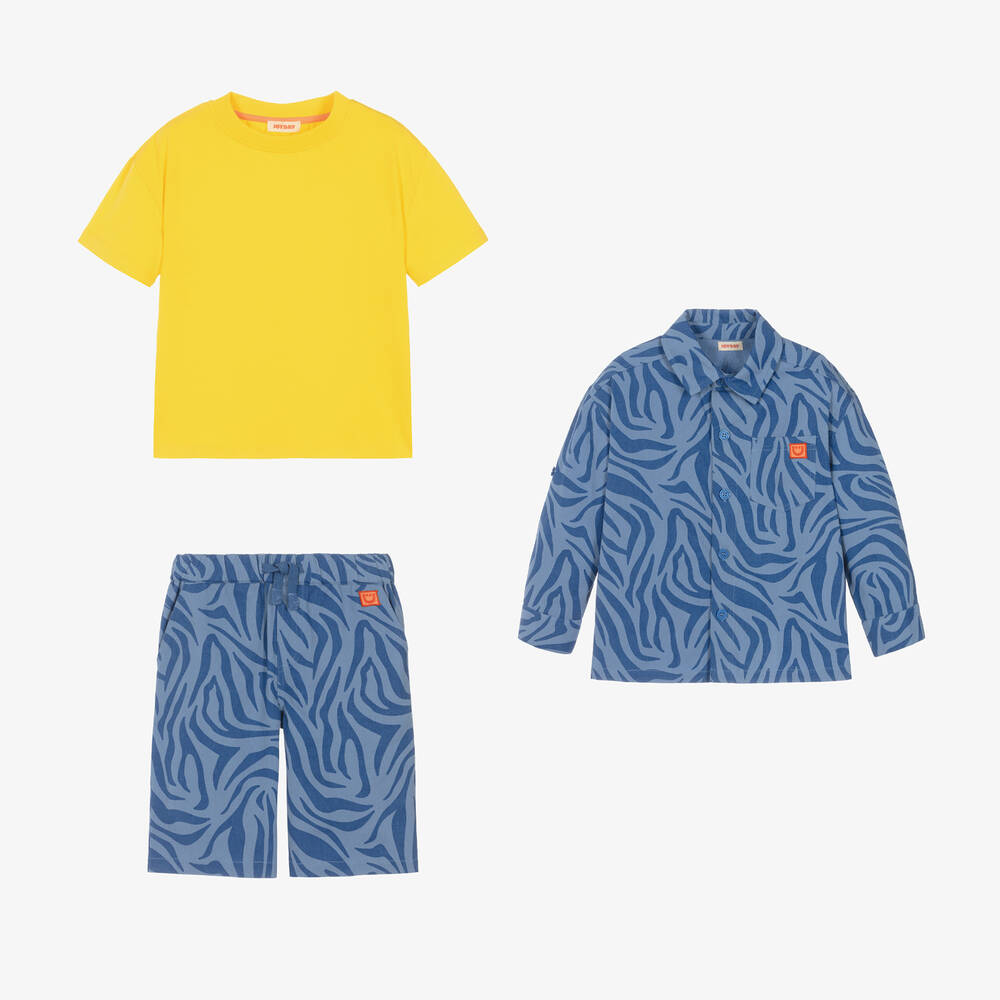 Joyday-Boys Blue Cotton Animal Print Shorts Set | Childrensalon