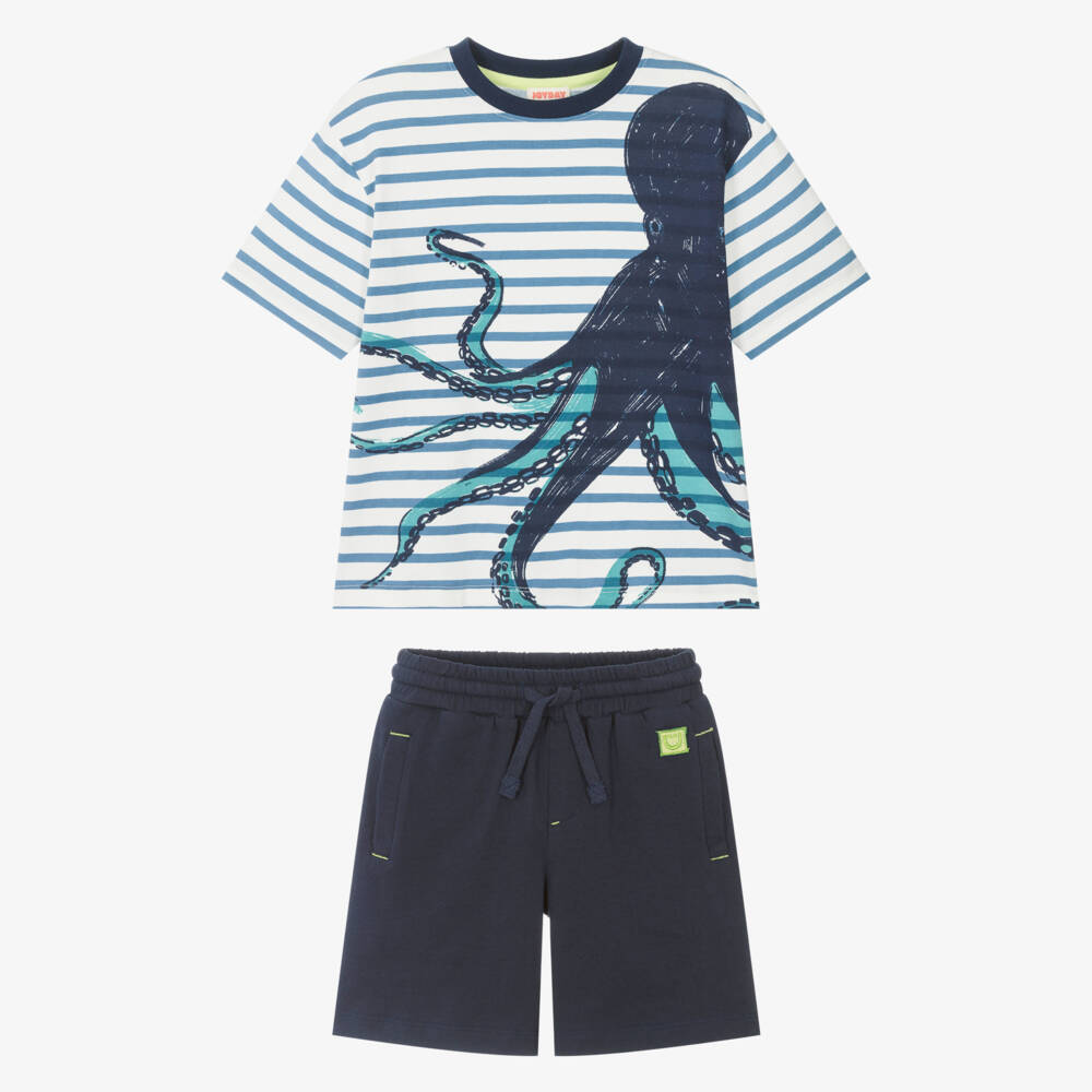 Joyday-طقم شورت قطن بطبعة أخطبوط لون أزرق للاولاد | Childrensalon