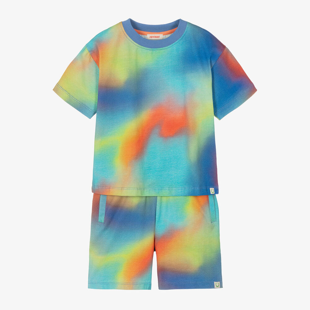 Joyday-Boys Blue Cotton Spray Paint Shorts Set | Childrensalon