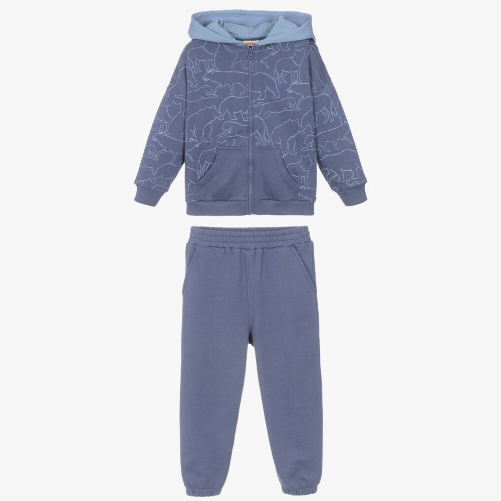 Joyday-Boys Blue Cotton Tracksuit with Bear Print | Childrensalon