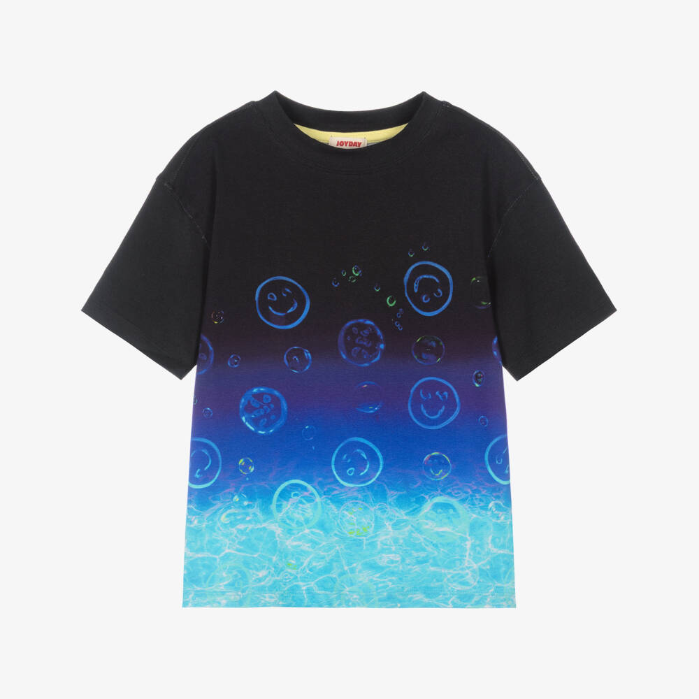 Joyday-Boys Blue Ombré Cotton T-Shirt with Smiling Bubbles  | Childrensalon
