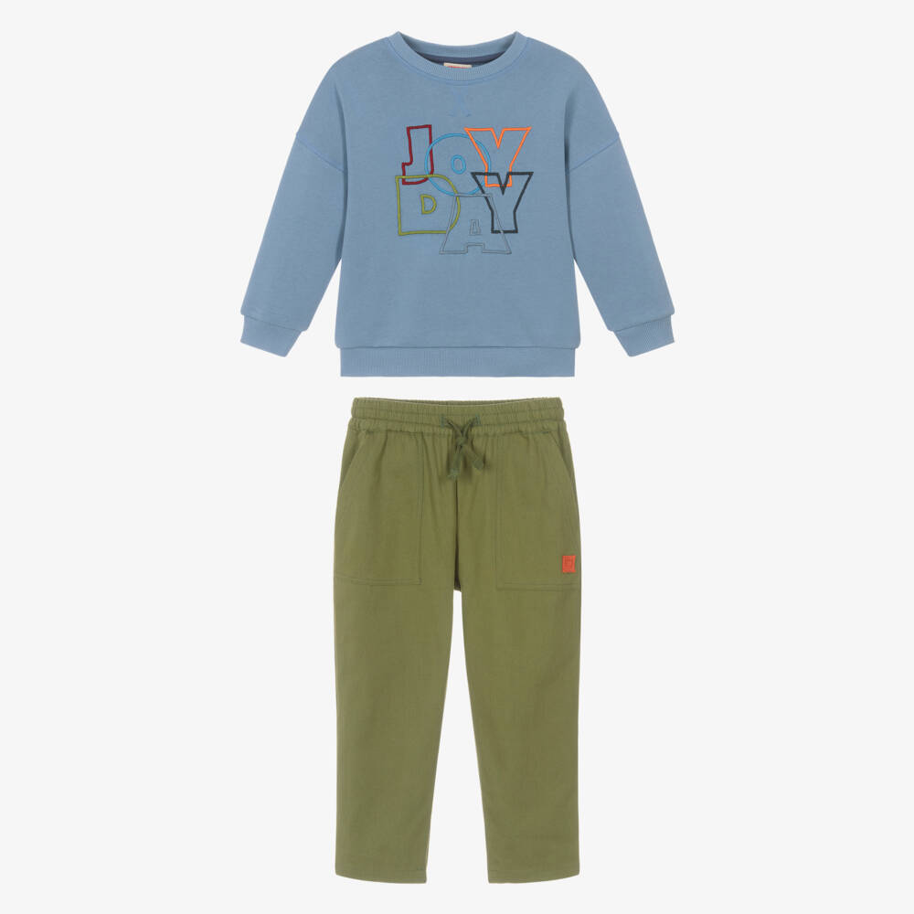Joyday-Boys Blue Sweatshirt & Green Cotton Trouser Set | Childrensalon