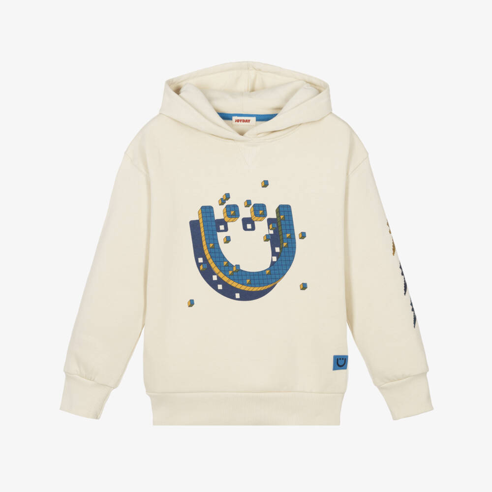 Joyday-Boys Cream Organic Cotton Hoodie with 3D Pixel Block Graphic | Childrensalon