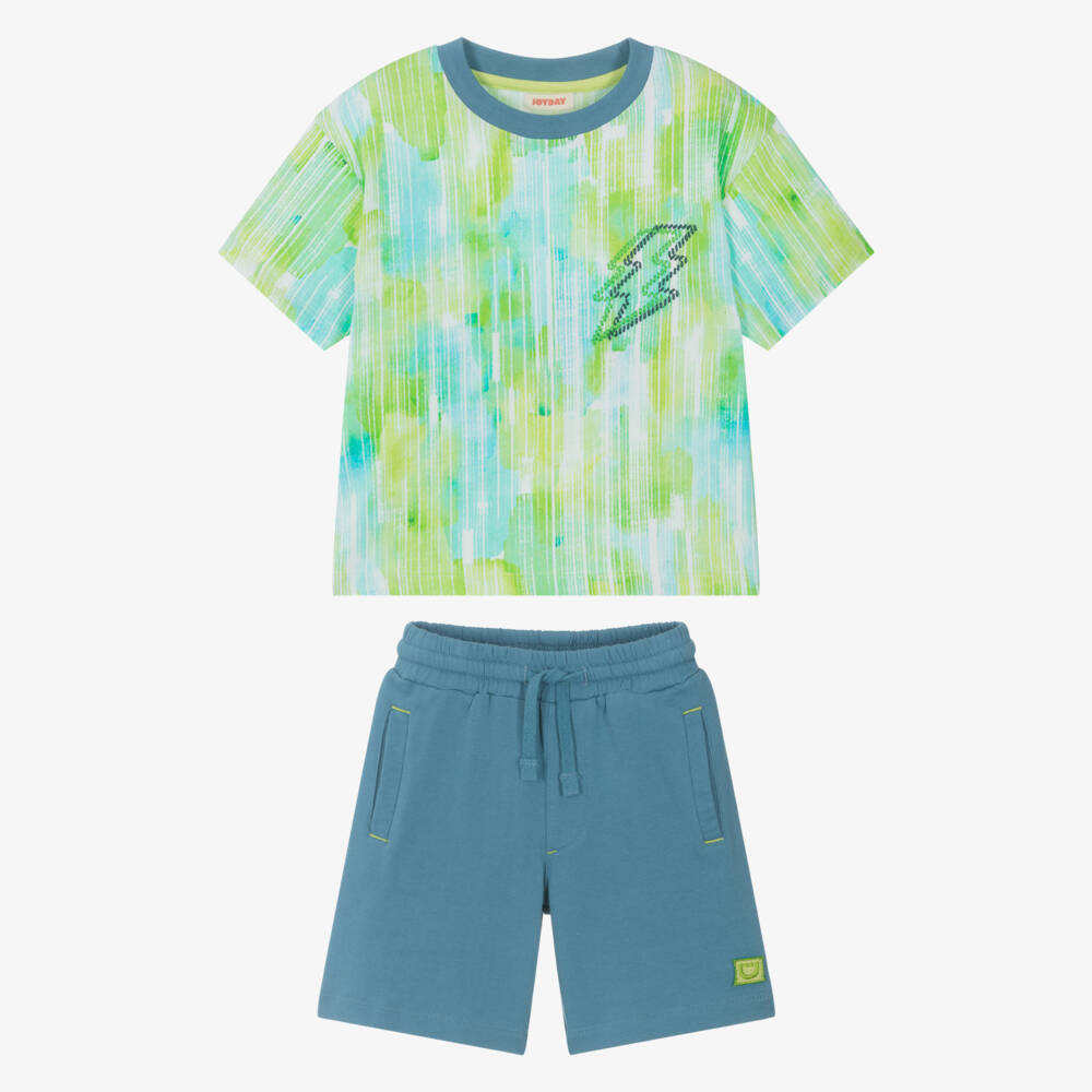 Joyday-Boys Green & Blue Cotton Lightning Bolt Shorts Set | Childrensalon