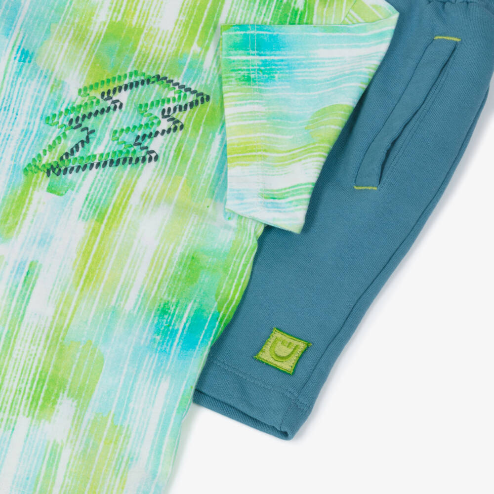 Joyday-Boys Green & Blue Cotton Lightning Bolt Shorts Set | Childrensalon