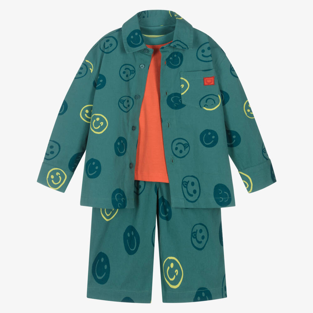 Joyday-Boys Green Cotton Happy Faces Shorts Set | Childrensalon
