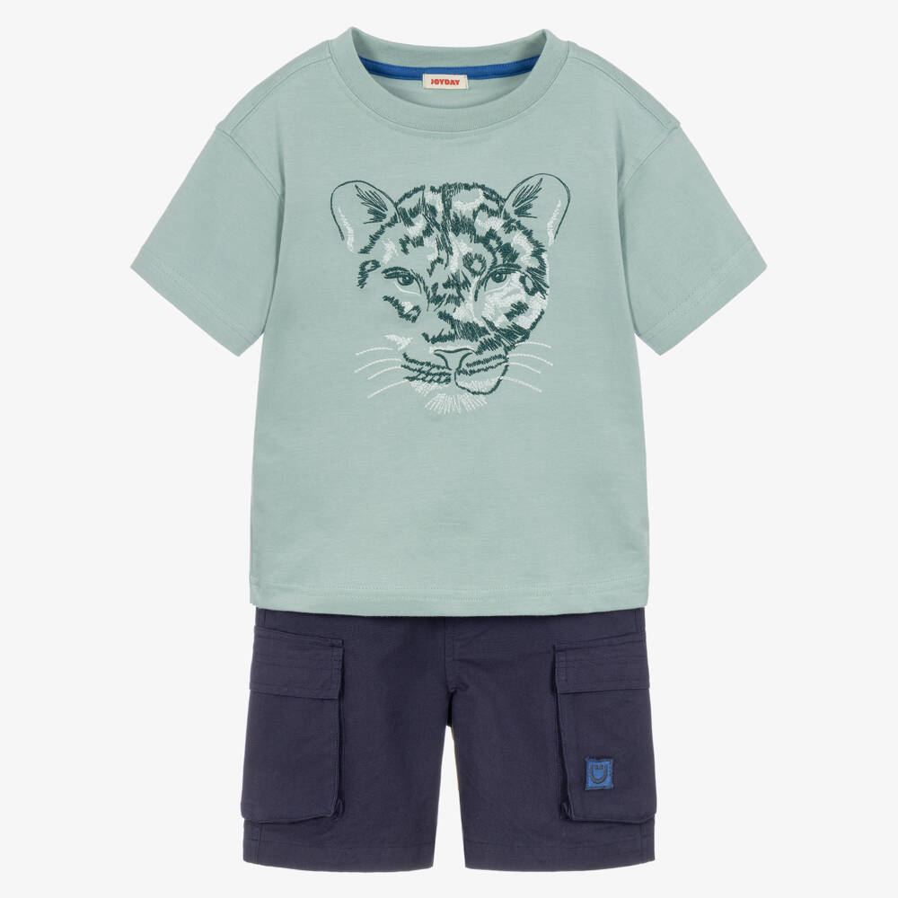 Joyday-Boys Green Cotton T-Shirt & Blue Cargo Shorts Set | Childrensalon