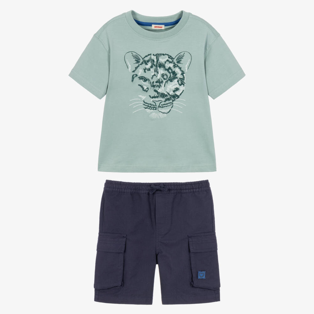 Joyday-Boys Green Cotton T-Shirt & Blue Cargo Shorts Set | Childrensalon