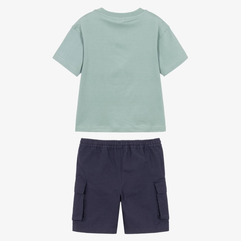Joyday-Boys Green Cotton T-Shirt & Blue Cargo Shorts Set | Childrensalon