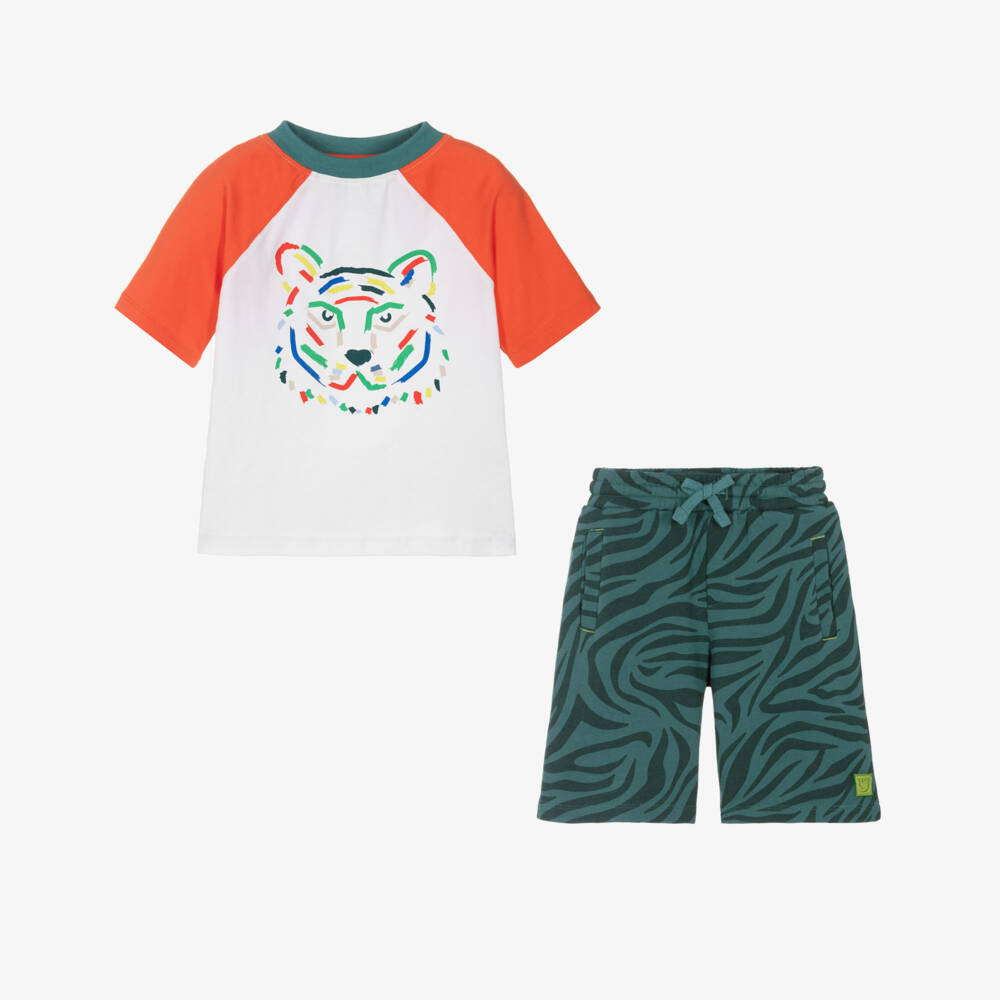 Joyday-Boys Green Cotton Tiger Print Shorts Set | Childrensalon