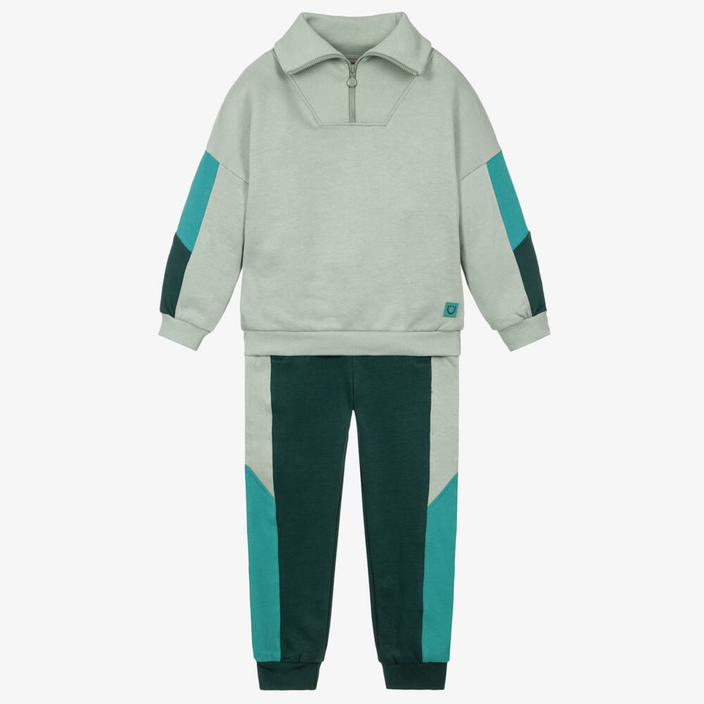 Joyday-Boys Green Organic Cotton Quarter-Zip Tracksuit | Childrensalon