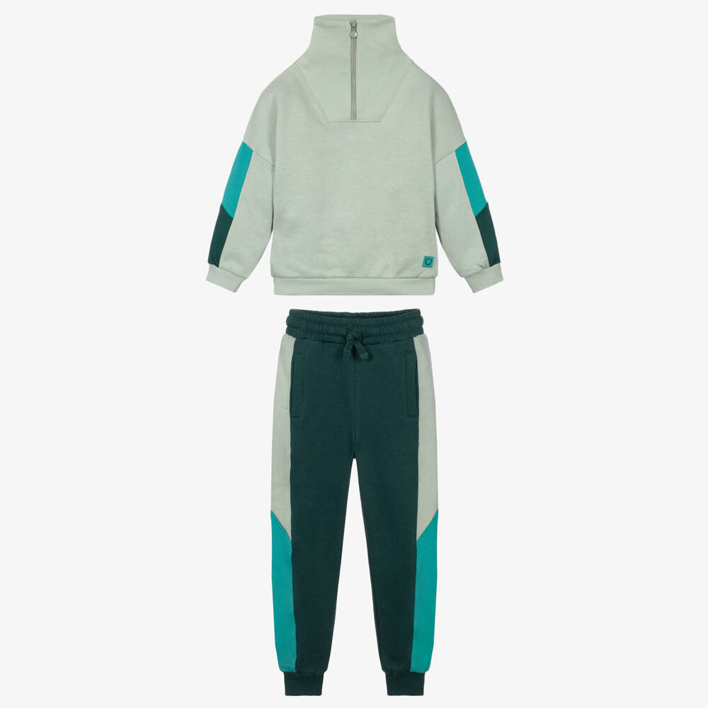 Joyday-Boys Green Organic Cotton Quarter-Zip Tracksuit | Childrensalon