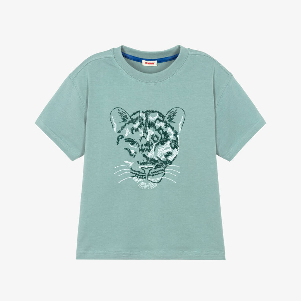 Joyday-Boys Green Organic Cotton T-Shirt with Embroidered Tiger | Childrensalon