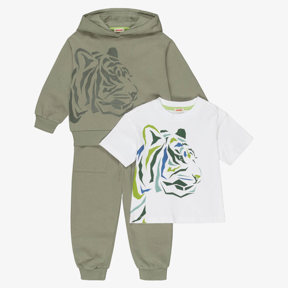 Joyday-Boys Khaki Green Organic Cotton Tiger Print Tracksuit | Childrensalon