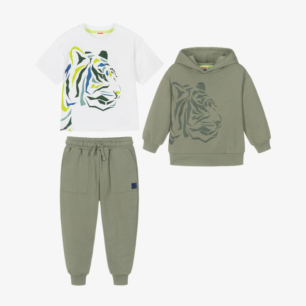 Joyday-Boys Khaki Green Organic Cotton Tiger Print Tracksuit | Childrensalon
