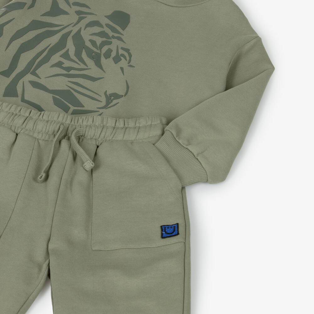Joyday-Boys Khaki Green Organic Cotton Tiger Print Tracksuit | Childrensalon