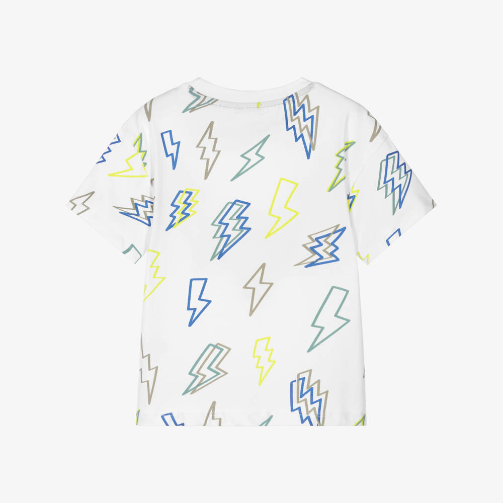 Joyday-Boys Organic White Cotton T-Shirt with Lightning Bolts | Childrensalon