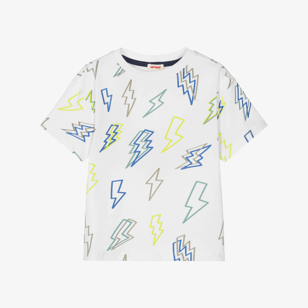 Joyday-Boys Organic White Cotton T-Shirt with Lightning Bolts | Childrensalon