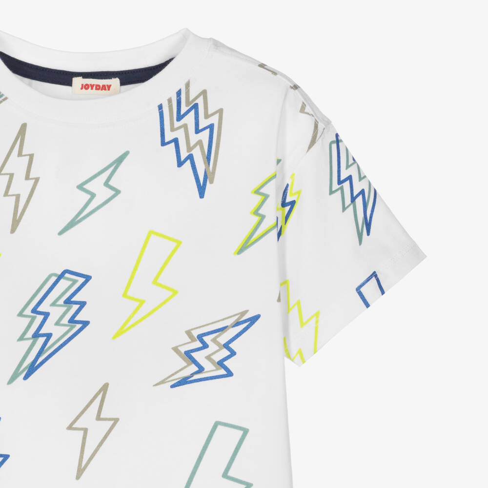Joyday-Boys Organic White Cotton T-Shirt with Lightning Bolts | Childrensalon