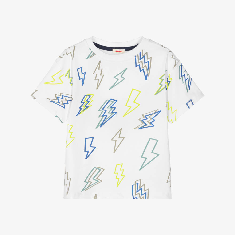 Joyday-Boys Organic White Cotton T-Shirt with Lightning Bolts | Childrensalon