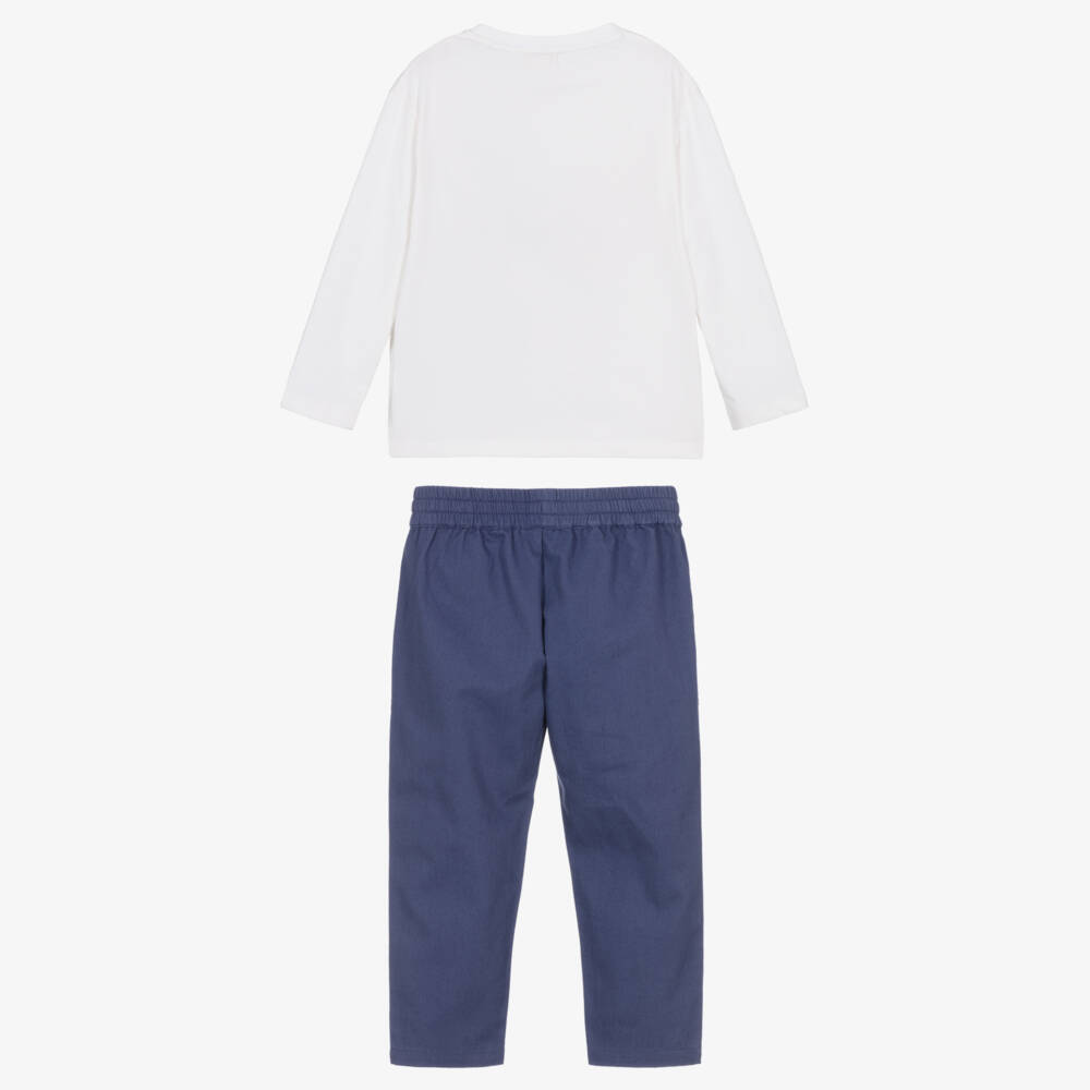 Joyday-طقم بنطلون بطبعة دب قطن لون أبيض وكحلي للأولاد | Childrensalon