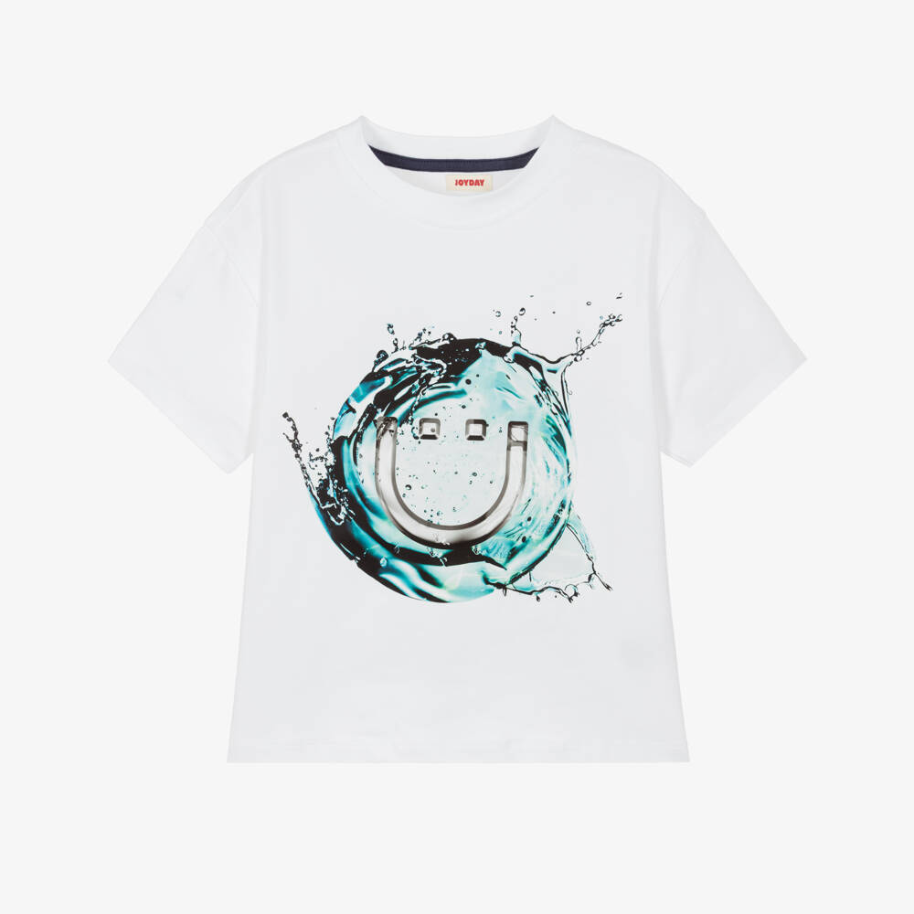 Joyday-Boys White Cotton T-Shirt with Happy Face Graphic | Childrensalon